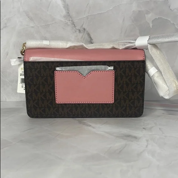 Michael Kors Small Envelope Crossbody Pink & Brown MK Signature Logo Primrose - Picture 4 of 7